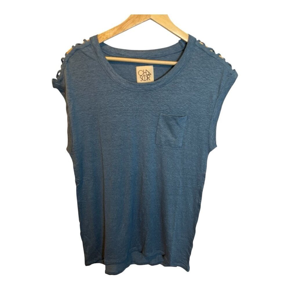 Chaser Linen Short Sleeve Top Size Medium Blue Cut Out Detail High Low Hem NWT
